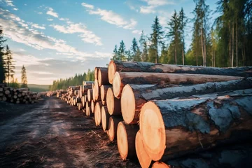  pile of pine tree trunks. Logging industry © Denisa