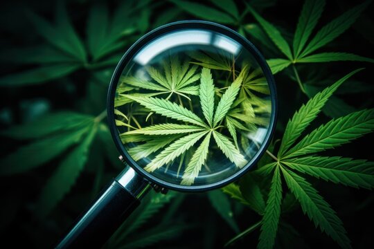  a close up of a magnifying glass with a marijuana leaf in the middle of the image on a dark background.