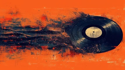 Foto op Plexiglas image graphique stylisée représentant un single disque vinyle  sur un fond orange. Le disque semble être en mouvement, avec un effet dynamique et flou derrière lui © jp