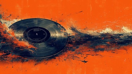 image graphique stylisée représentant un disque en vinyle sur un fond orange. Le disque semble être en mouvement, avec un effet dynamique et flou derrière lui