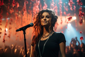 a beautiful female pop star singer giving music concert performance in a huge crowded stadium arena hall on a stage. cool vibe with many fans