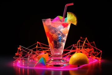  a colorful drink with a straw and a slice of lemon on a table with neon lights and a black...