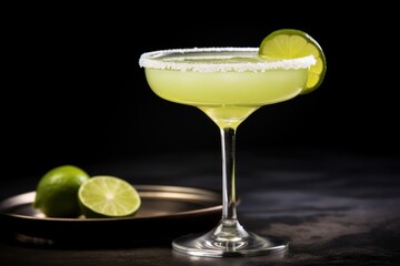 a lime margarita sitting on top of a table next to a plate of limes and a plate of limes.