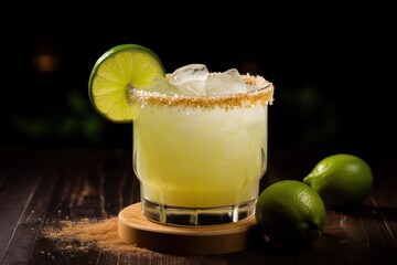  a margarita sitting on top of a wooden table next to two limes and a bottle of alcohol on the side of the table.