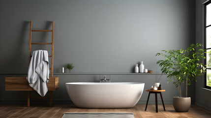 Fototapeta na wymiar Bathroom interior with a white bathtub with a towel hanging over it, a hardwood floor, gray walls, and a loft window
