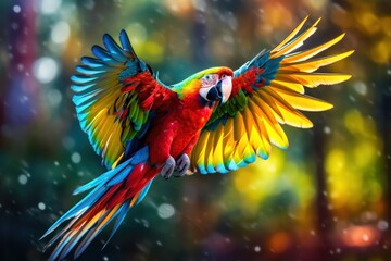  a colorful parrot flying through the air with it's wings spread out in front of a blurry background.