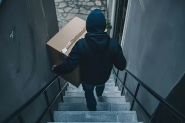 Deurstickers "Porch Pirate" Man with hoodie stealing a package at the doorstep - AI Generated © mbruxelle