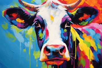  a painting of a cow's face painted with multi - colored paint splattered on a blue background.