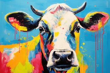  a painting of a cow's face with paint splatters on it's face and a blue sky in the background.