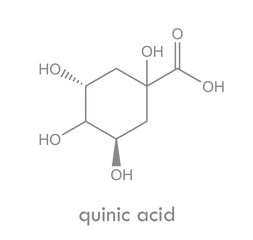 Quinic acid structure. Molecule found in coffee beans and cinchona bark. Used as astringent.