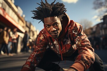 Obraz premium Concrete Jungle Vibes: A Stylish African American Skateboarder Freestyles in a Trendy Hoodie, Bringing Coolness to the Urban Skate Park