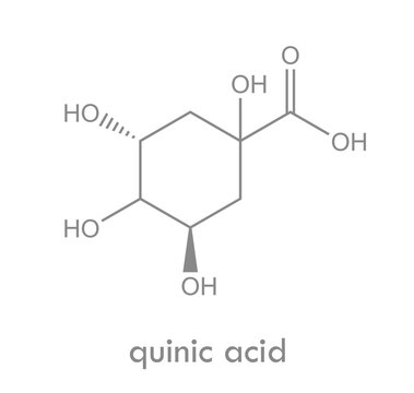 Quinic acid structure. Molecule found in coffee beans and cinchona bark. Used as astringent.