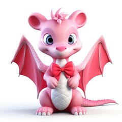 3d cute dragon with a bow on a white background. Valentine's Day concept