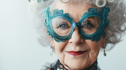 Senior hispanic grey- haired woman wearing venetian carnival mask pointing thumb up to the side on grey background