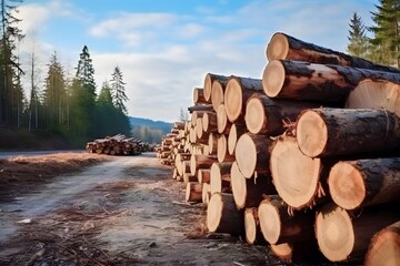 pile of pine tree trunks. Logging industry