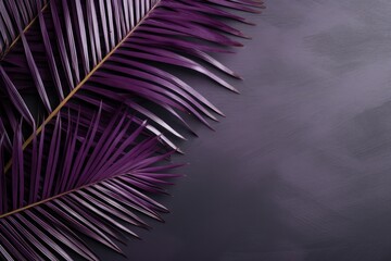  a close up of a purple palm leaf on a gray background with a place for a text on the left side of the image.