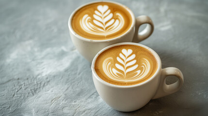 Two cups of cappuccino with latte art on wooden background. place for text.