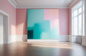 Obraz premium empty room with pastel walls and a huge abstract painting with delicate shades. Space for text