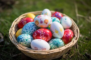  a basket filled with colorful painted eggs on top of a lush green grass covered field with trees in the background.