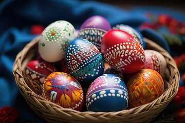 Fototapeta na wymiar a basket filled with painted eggs on top of a bed of red, white and blue flowers on a blue cloth.