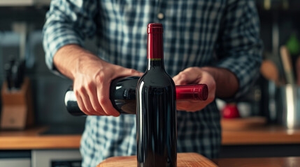 cropped view of man opening bottle of wine