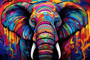  a colorful painting of an elephant with tusks and tusks on it's tusks. - obrazy, fototapety, plakaty