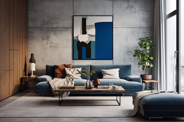Blue sofa against concrete wall. Scandinavian loft home interior design of modern living room in minimalist studio apartment