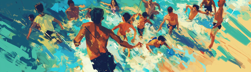 Ride the waves of creativity! 🌟 Our Surf Club's beach fun comes alive in an Impressionist palette, inspired by N.C. Wyeth. Dive deep into participatory vibes and lively motion blur panoramas. 🏖️  - obrazy, fototapety, plakaty