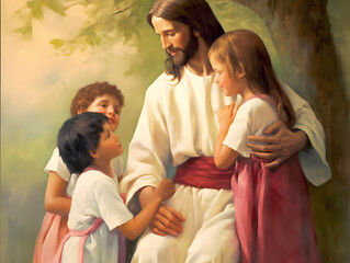 Oil painting of Jesus hugging children