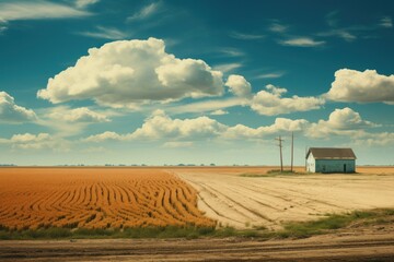  a farm field with a house in the middle of it and a blue sky with white clouds in the background.