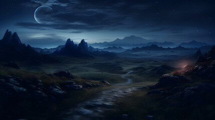 The landscape with night and moon in the style of 2d art,,

