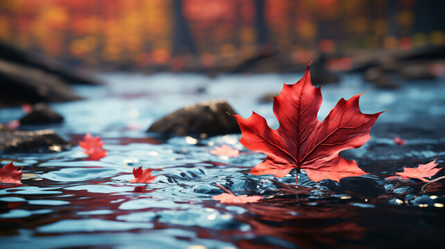 A vibrant red maple leaf floats on serene, rippling water, reflecting a magical atmosphere.