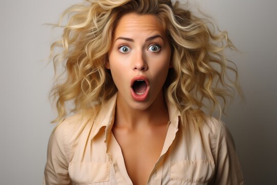 a beautiful blonde woman expressing surprise and shock emotion with her mouth open and big wide open eyes. isolated on single color background