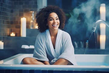 smiling African young woman sitting on the bathtub is relaxing in a hot spring with a towel on her head