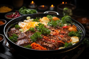  a pan of food with meat, vegetables, and sauces on a table with a candle in the background.