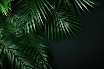  a close up of a palm leaf on a dark background with a place for the text on the left side of the image.