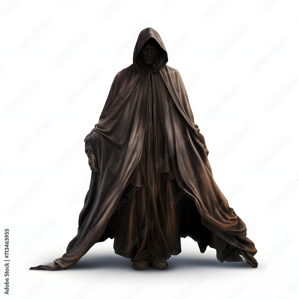 Wall mural mysterious figure in a hooded cloak isolated on white background, hyperrealism, png - Wall murals