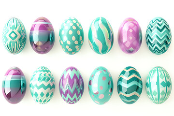 An elegant display of Easter eggs adorned with geometric patterns and polka dots, set against a crisp white background.