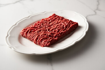 Raw and Fresh Minced Beef on white plate, white marble background. Minimalistic food photo,...