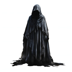 Mysterious figure in a hooded cloak isolated on white background, hyperrealism, png
