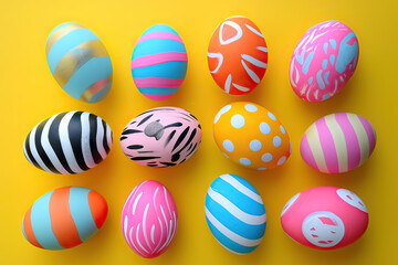 Fototapeta na wymiar A cheerful set of decorated Easter eggs in bold colors displayed on a vivid yellow background, evoking a sense of joy.
