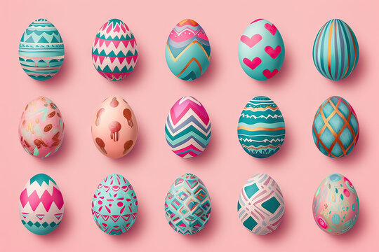 A neatly arranged selection of Easter eggs with intricate patterns and pastel colors on a soft pink background.