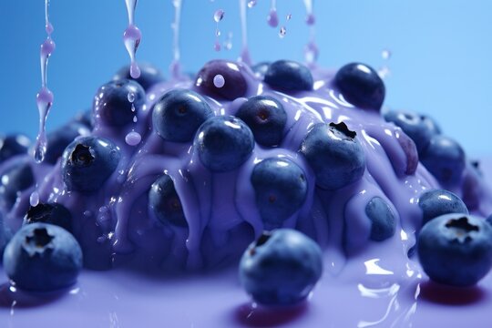  a blueberry bundt cake with icing and blueberries on the bundt and drizzled with icing.