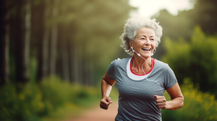 Senior woman running along a forest trail while listening to music