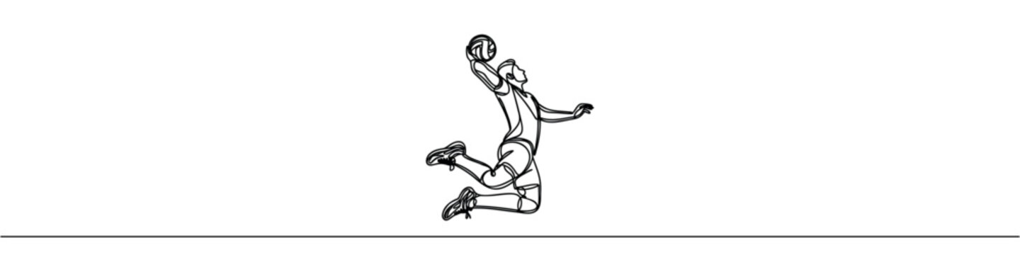 One continuous line depicts a young professional male volleyball player in action serving the ball on the court