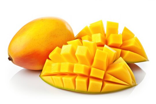  a mango and a mango fruit cut in half on a white background with a shadow of a mango and a mango fruit cut in half on a white background.
