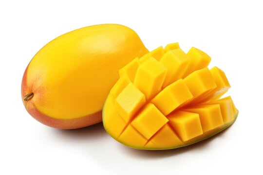  a close up of a mango and a mango fruit on a white background with a piece of mango next to it.
