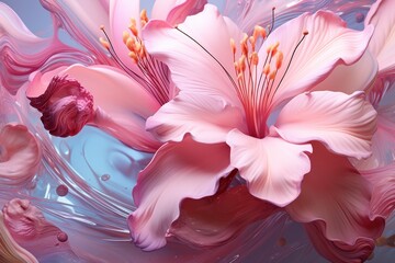  a close up of a pink flower with water splashing on the bottom of it and a pink and white flower in the middle of the image.