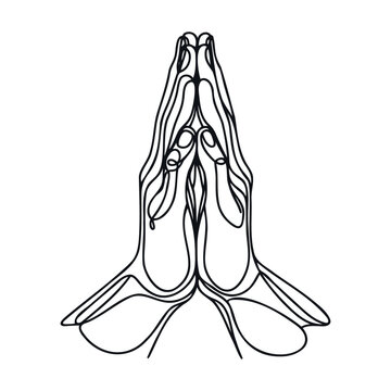 Continuous one line drawing of human hands folded in prayer.