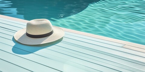 Fototapeta na wymiar Womens straw sun hat on wooden deck over swimming pool. Summer tropical vacation.